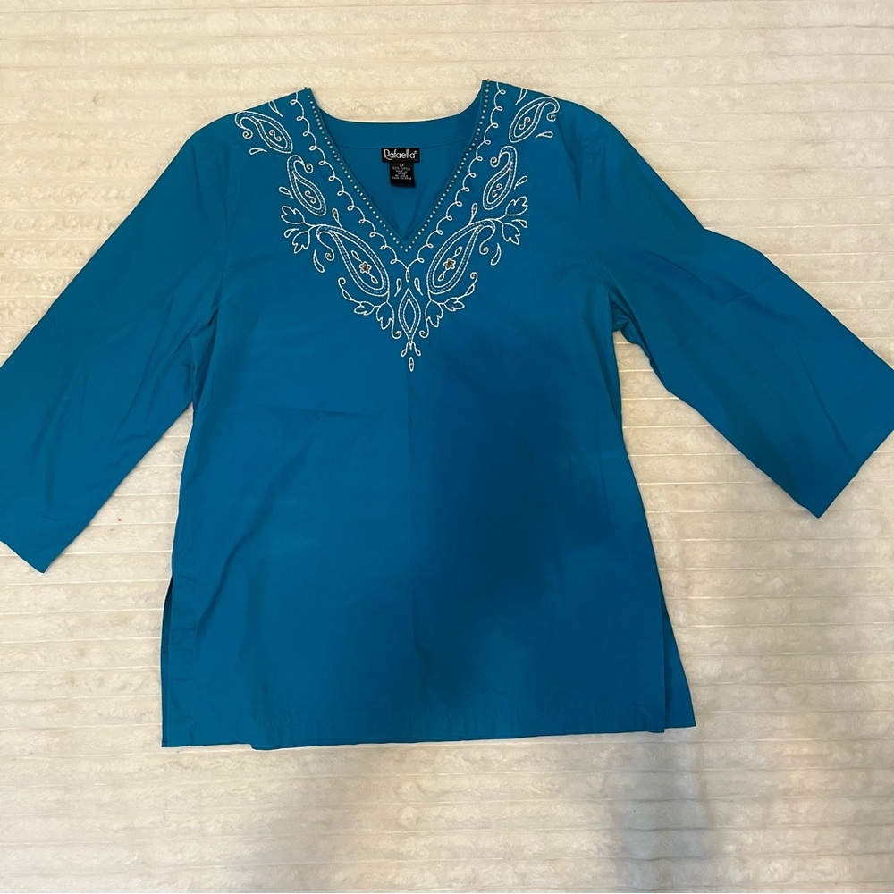 Rafaella Teal cotton Embroidered Women's Blouse size 10